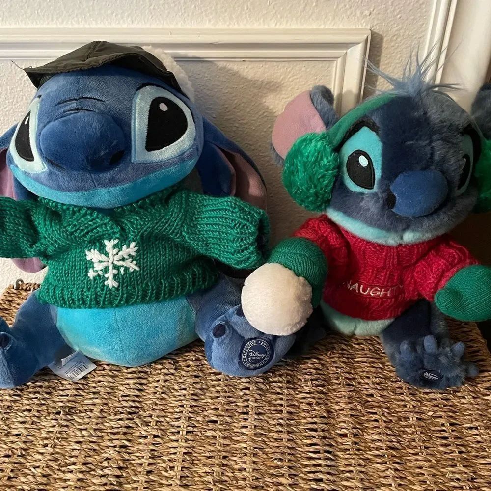 Disney Store Stitch Christmas Plush Naughty Winter Green Knit Sweater set of 2!